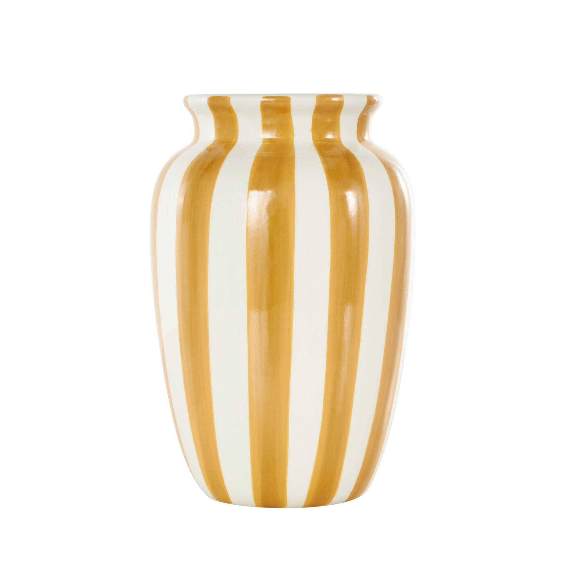 9.5" White & Yellow Stripes Round Wide Ceramic Vase